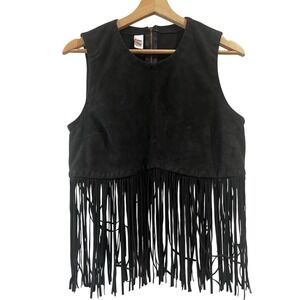 Bongo Womens Black Faux Suede Sleeveless Fringe Cropped Boho Western Rodeo Top L